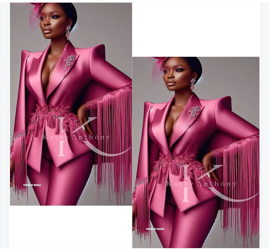 タッセルピンクサテン女性スーツパンツセット 2 ピースブレザー + パンツフォーマルオフィスレディジャケットカスタマイズされた結婚式のゲストプロムコート