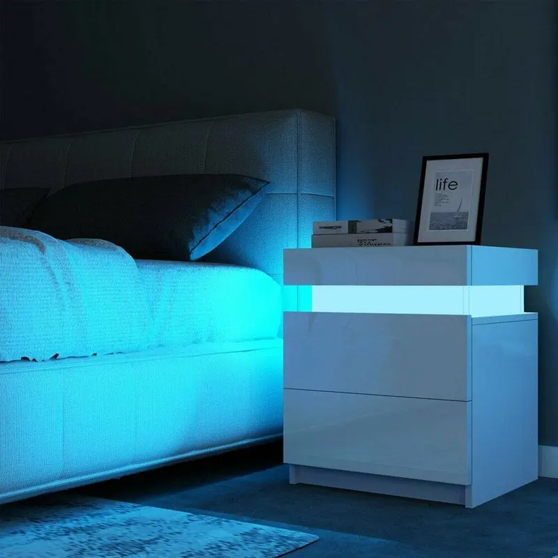 

Furniture High Gloss White Stylish 2 Drawer LED Light Bedside Table Cabinet Nightstand Home Bedroom Furniture Pack, 156 characte