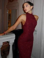 2025 New Women's Elegant Shiny Party Bodycon Robes Sexy Slim Sequins Red Sleeveless Long Dress Fashion Solid Maxi Gown Dresses - Image 3