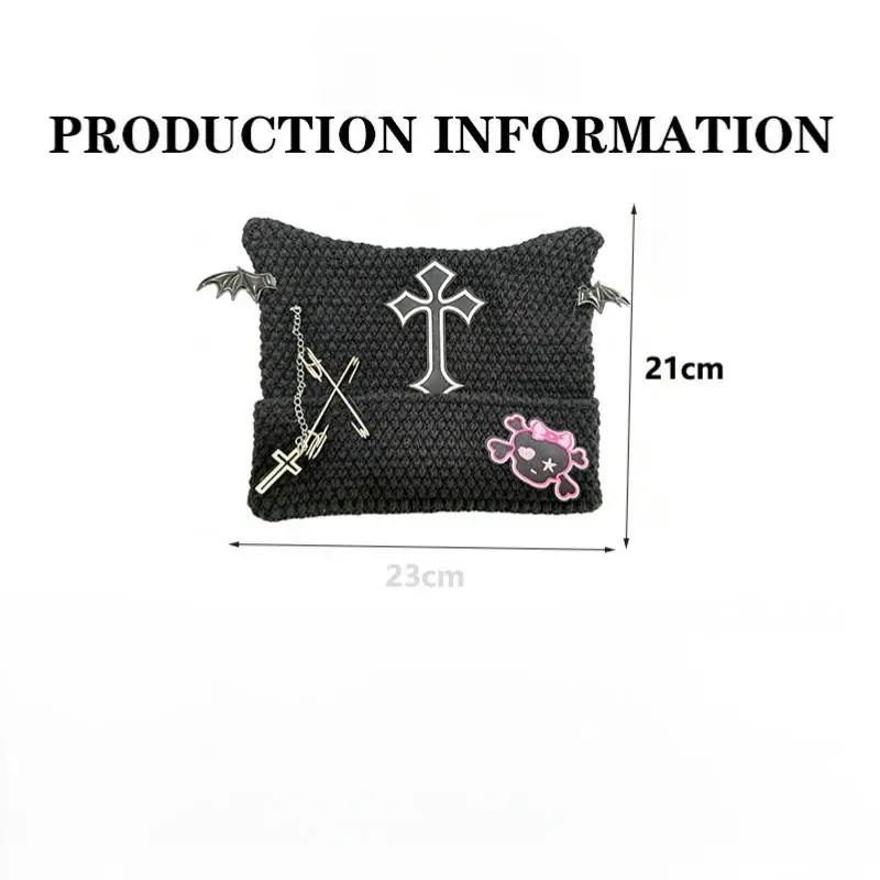 Purcoral 2026 Women Y2K Gothic Cat Ear Beanie Punk Cross Skull Embroidery Knitted Winter Hat Detachable Chain Devil Wing