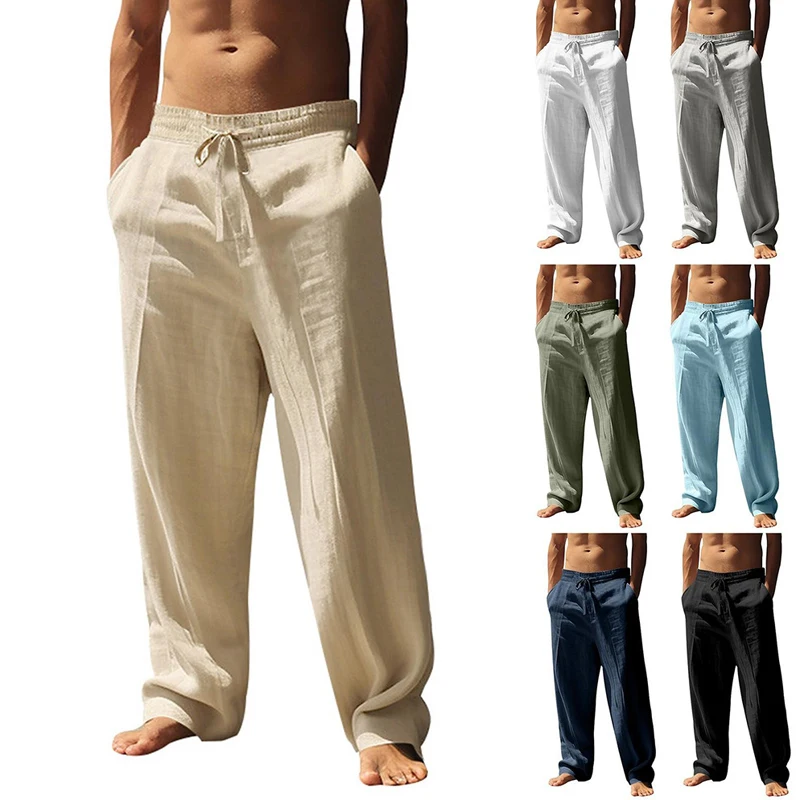 Men's Spring and Autumn Sports Yoga Beach Pants, Made of Cotton and Linen Blend Fabric, with a Fitted, Straight and Loose Style