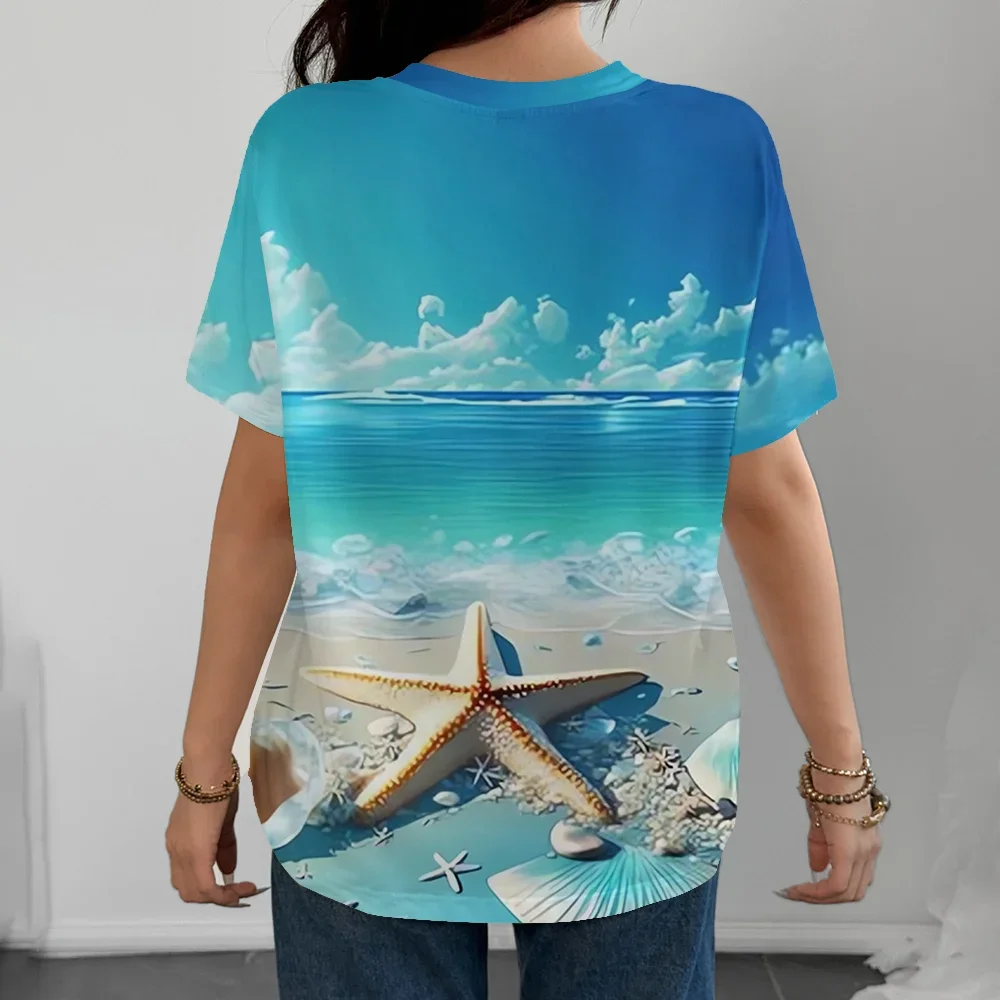 เสื้อยืดผู้หญิงลายเปลือกหอยปลาดาวมหาสมุทร Y2K สไตล์ชายหาดลำลองแฟชั่นสบายฤดูร้อนสีฟ้าคอกลมแขนสั้น