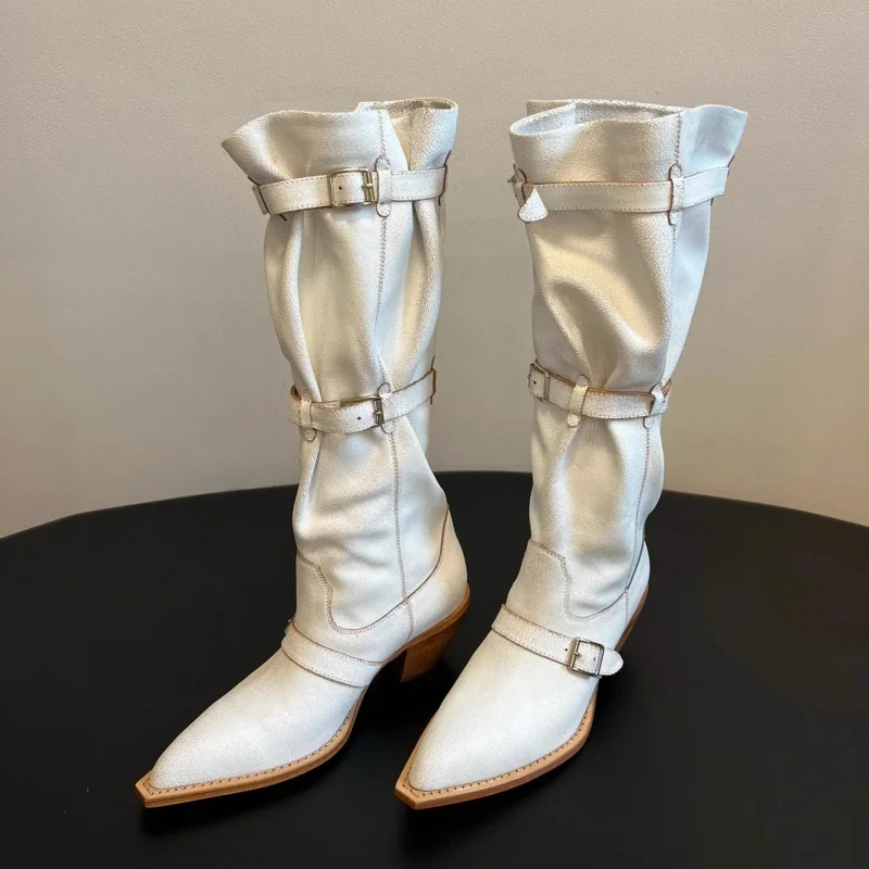 

Pointed Knight Boots Retro Western Cowboy Belt Buckle Thick Heel Fashion Long Leg Knee Boots for Women