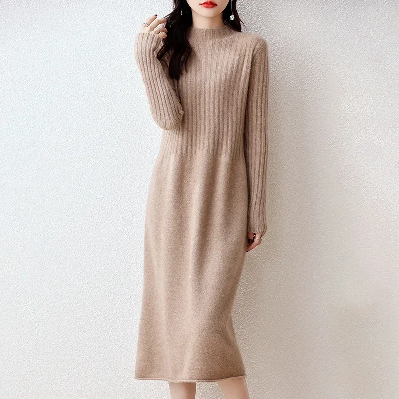 

2023 Autumn Winter New Women Fashion Dress 100% Wool Warm Sweater Dress Long Sleeve Knitted Pullover Female Solid Casual Dresses