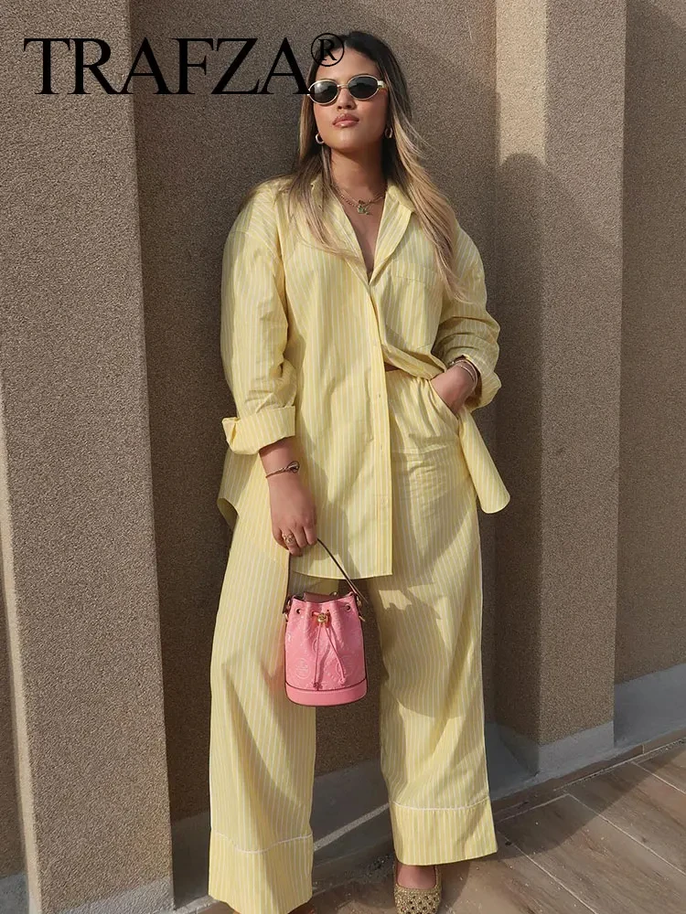 TRAFZA Women Casual Sets Yellow Striped Blouses Elegant Lapel Long Sleeve Loose Shirt Female Drawstring High Waist Long Pants