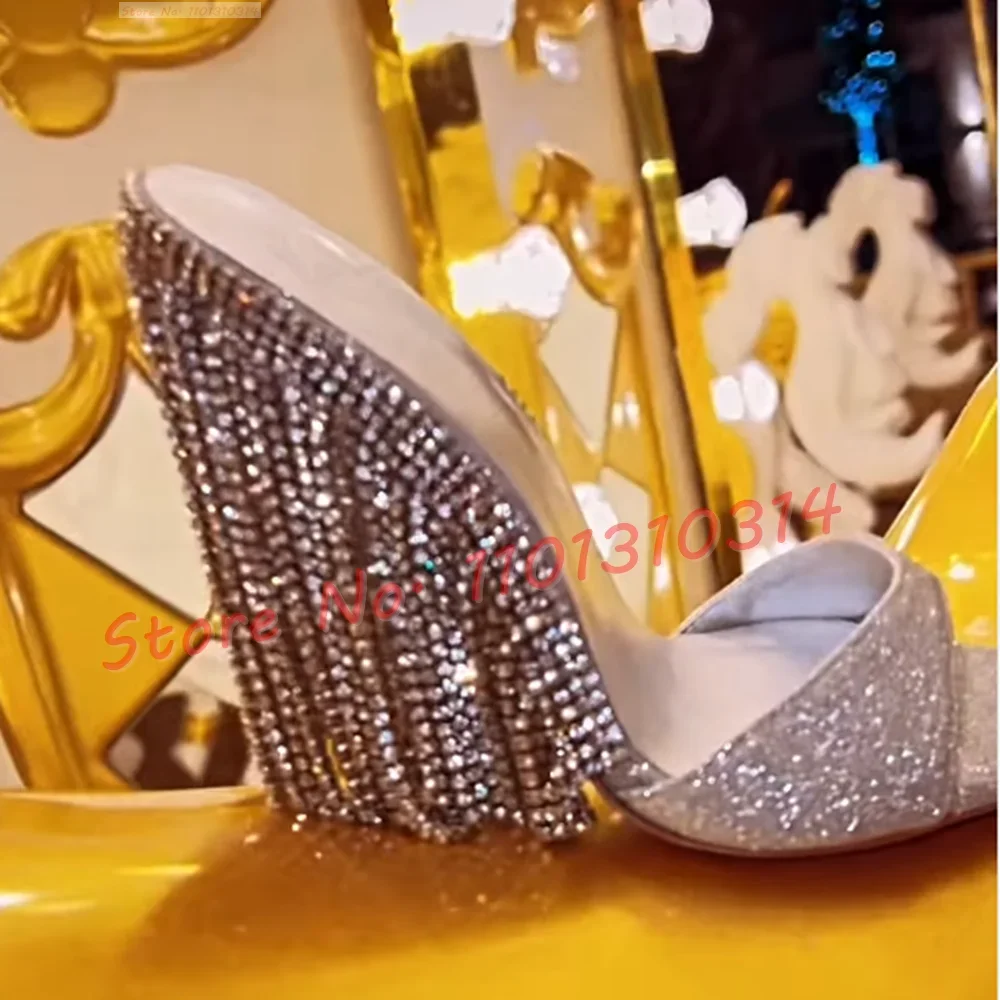 Shiny Diamond Chain Heeled Slippers Women Gorgeous Sliver Glitter High Thin Heels Shoes Open Toe Summer 2023 Sexy Ladies Slides