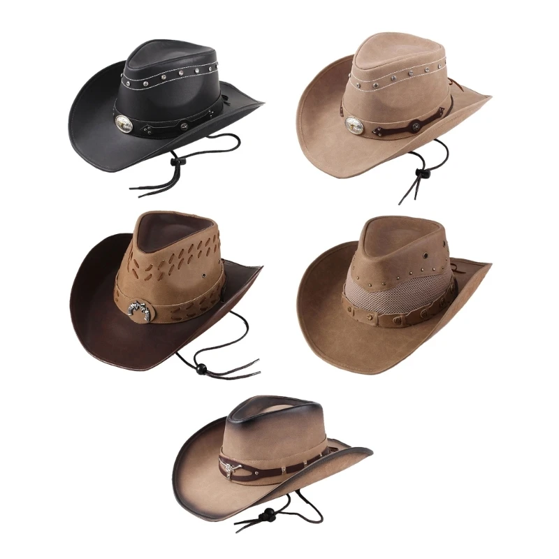 

Fashion Faux Leather Hat Metal Ox Head Decors Cowboy Cowgirl Hat