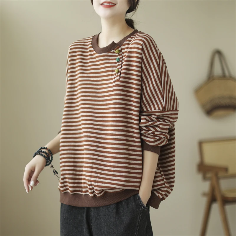 Mulheres primavera e outono solto preguiçoso mangas raglan com listrado estilo chinês botão pulôver moletom feminino colorido topo