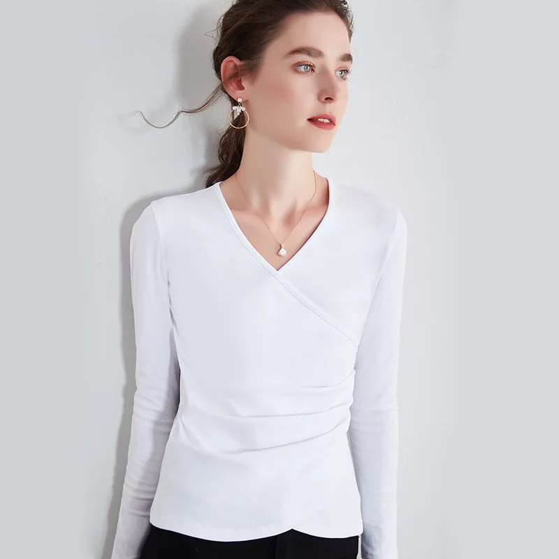 MRMT 2024 Brand New Women's White V Neck T Shirt Long Sleeved Latin Slim Slimming Cross Neck Top