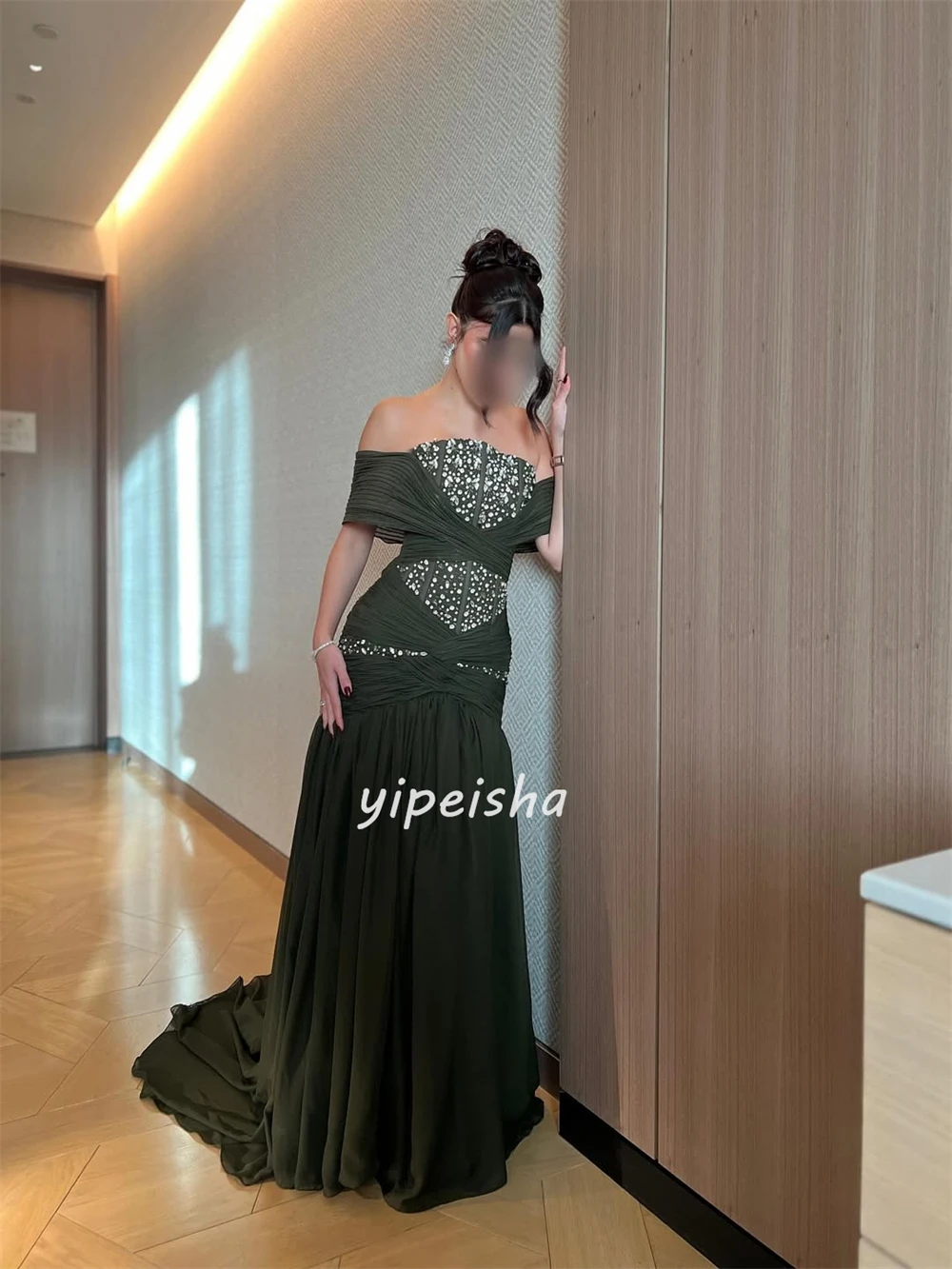 Personalizado de alta qualidade moda chiffon lantejoulas miçangas sereia fora do ombro vestidos longos sob medida vestidos de ocasião combinando