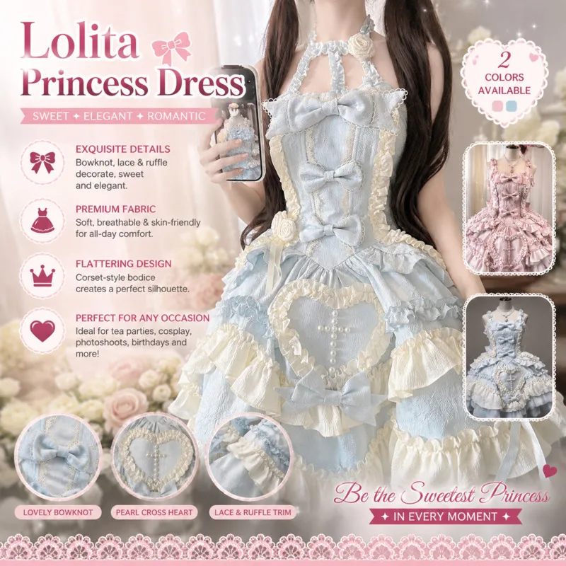 Sweet Pink Heart Shaped Ruffled Lolita Dress Original Jacquard Bowknot Pearl Cross Decor JSK Princess For Daily Birthday Gift