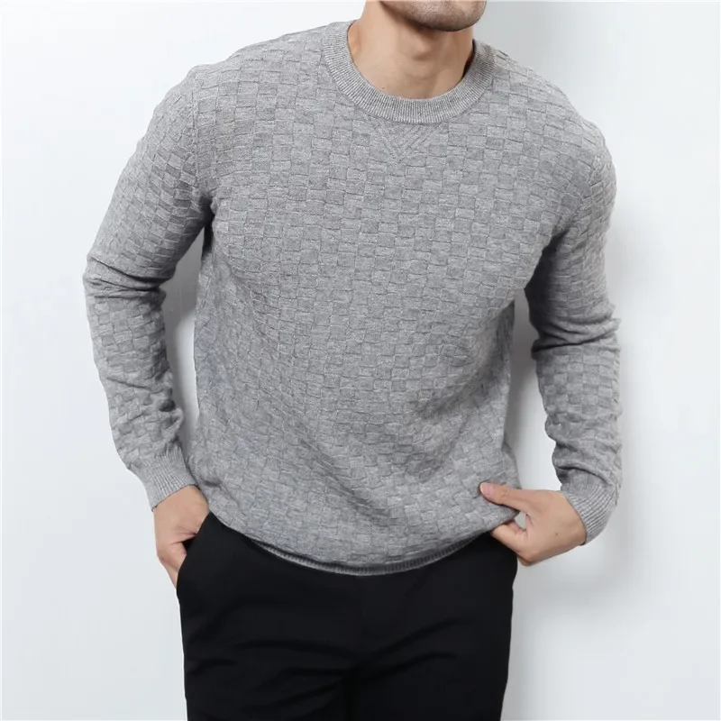 Autumn Winter Elastic Jacquard Woven O-Neck Sweater For Men High Quality Waffle Knitted Slim Fit Long Sleeve Casual Pullovers