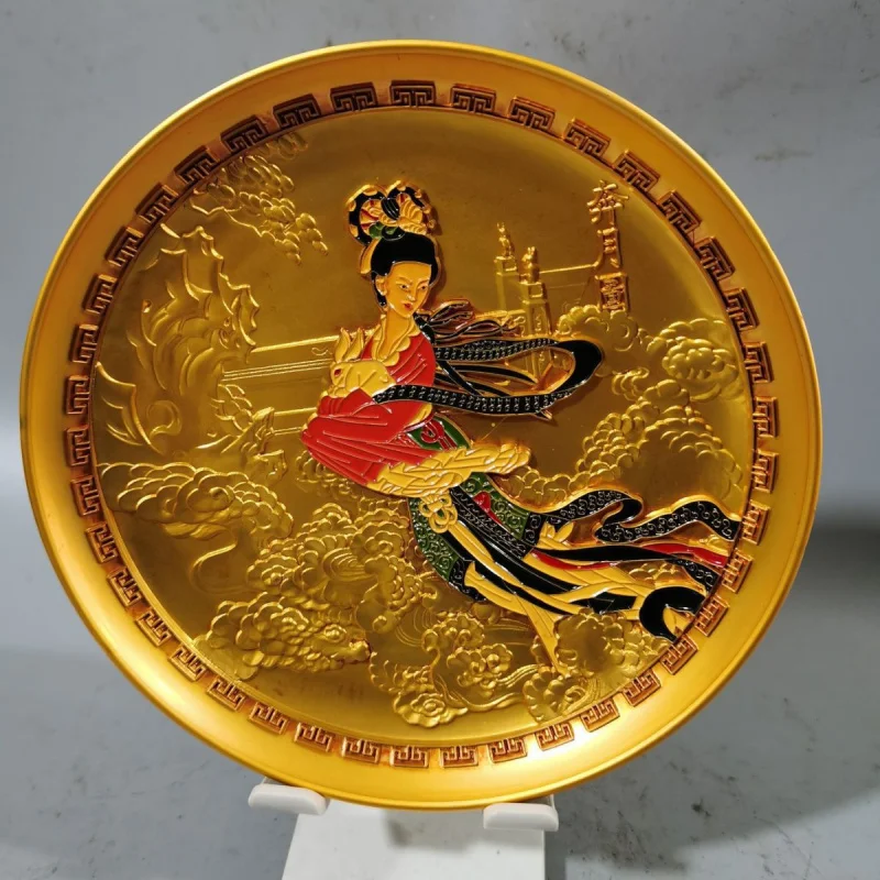 Antique Style Painted Chang'e Flying to the Moon Relief Gold and Silver Plate Display Plate Home Living Room Shop Gift Ornament