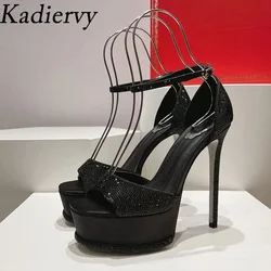 Super High Heels Crystal Gladiator Sandals Women Peep Toe Ankle Strap Runway Shoes Woman Rhinestone Platform Sandals Woman