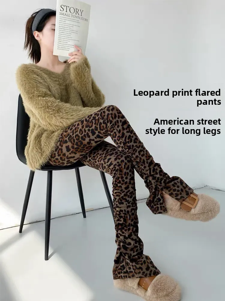 High Waist Fce Lined Yoga Pants Women's Fitn Slimming Pleated Flared Pants Autumn Winter Leopard Print Boting Trousers
