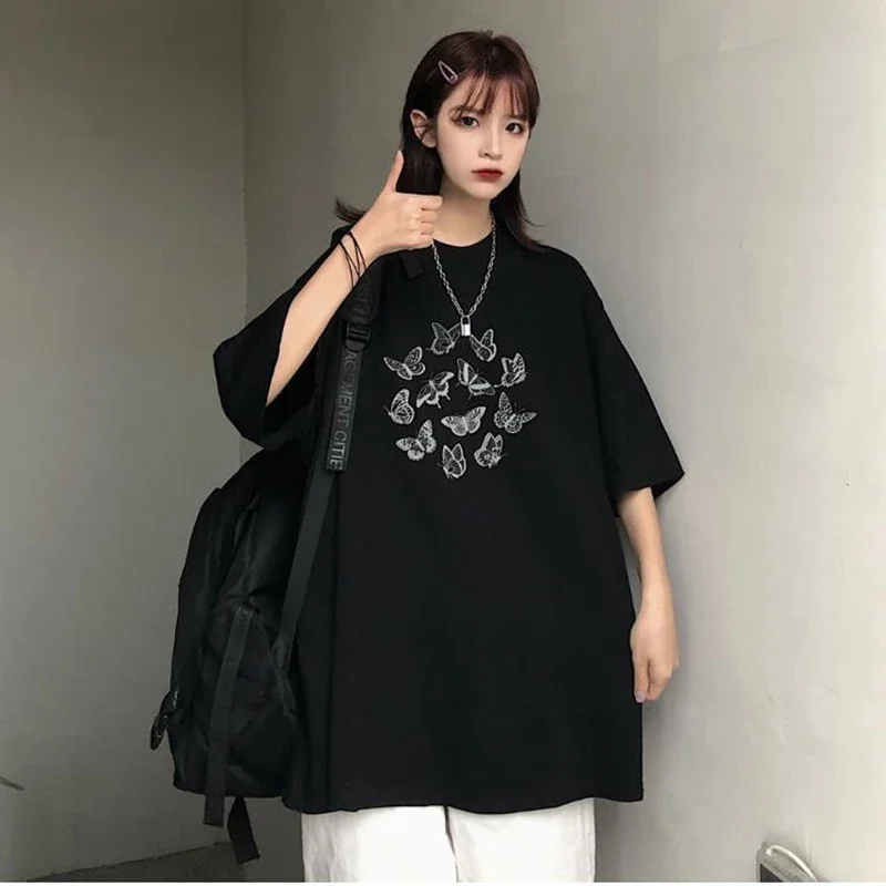 Kaus wanita Vintage Gotik lucu motif kupu-kupu atasan estetika kasual kaus ukuran besar lengan pendek hitam Harajuku Y2K