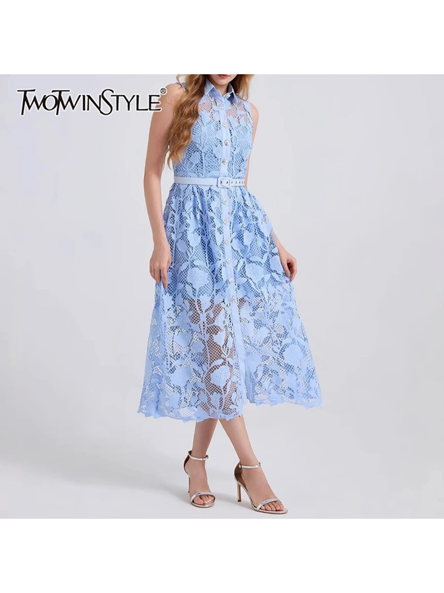 

TWOTWINSTYLE Solid Hollow Out Slimming Dresses For Women Lapel Sleeveless High Waist Spliced Button Elegant Dress Female Fashion