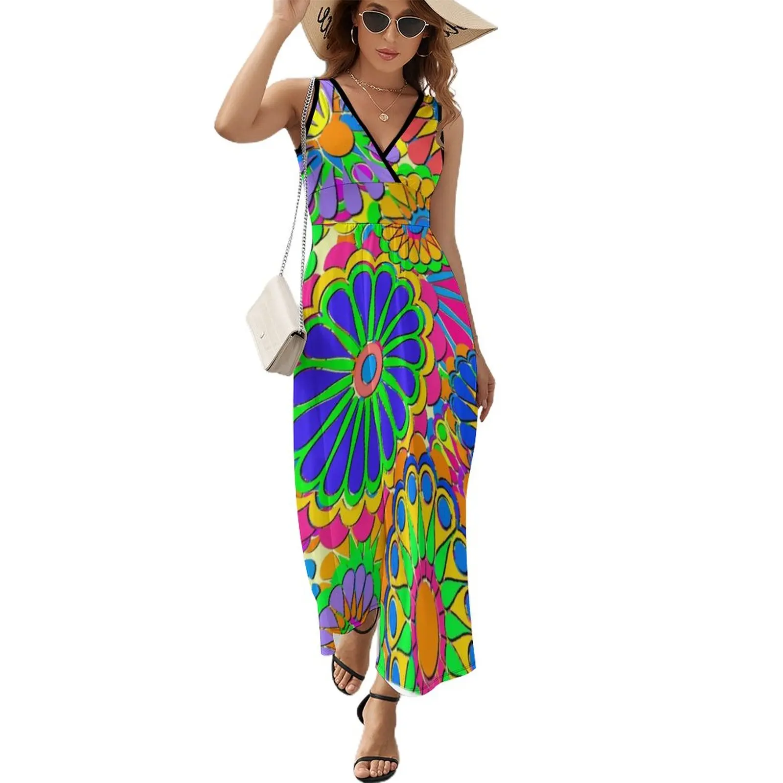 

Bright Colorful Flower Power Hippy Style Sleeveless Dress loose women's dress long dress women