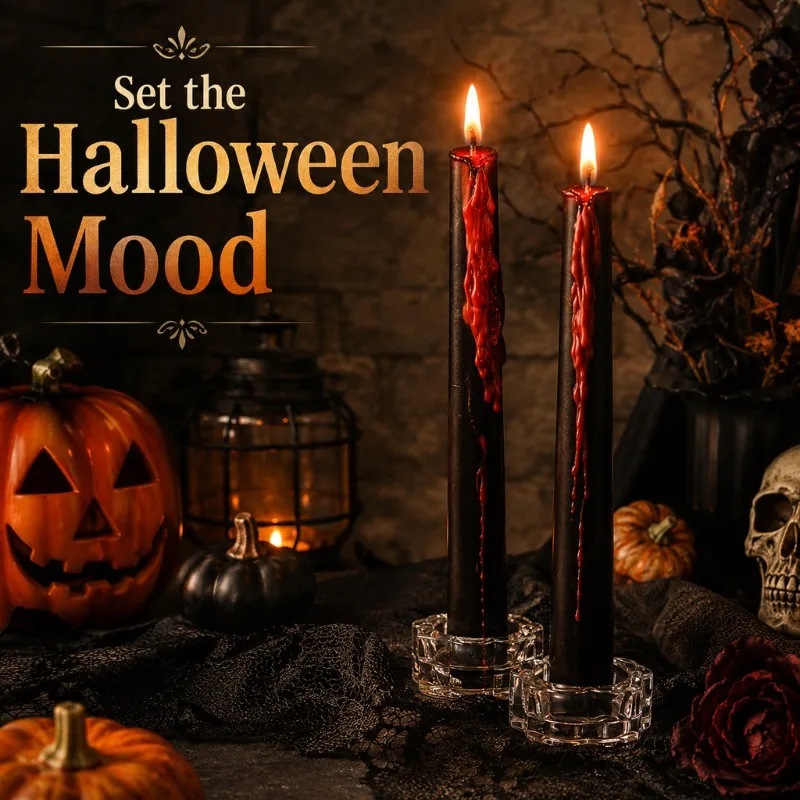 2pcs Creative Halloween Tears Dripping Long Pole Candle Bleeding Effect Taper Candle for Indoor Party Scene Decoration
