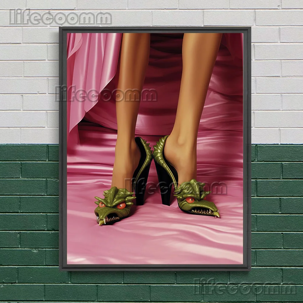 Green Devil High Heels,Vintage Wall Art Canvas Painting,Creepy Horror High Heels Abstract Art Poster And Print Home Decoration