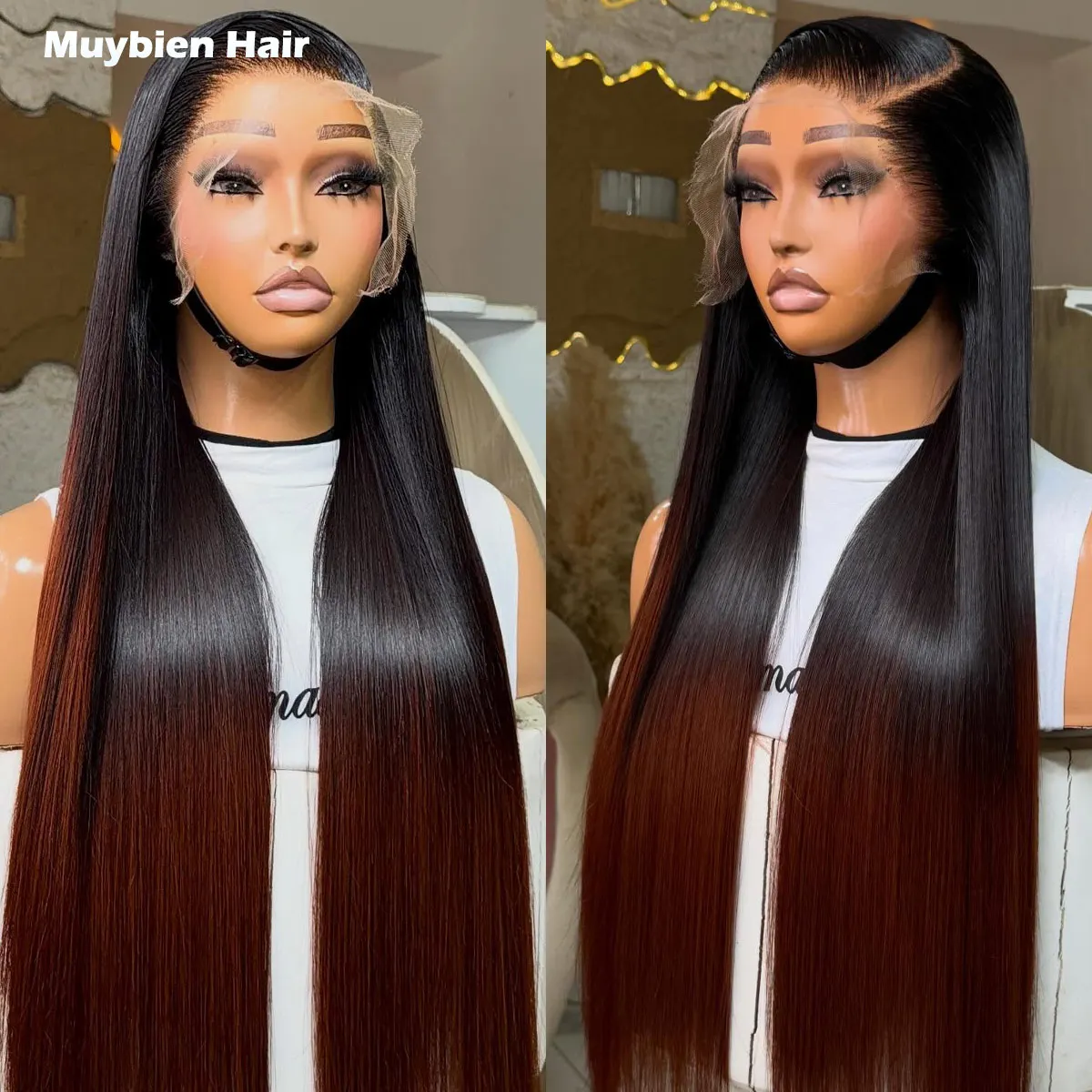 

350 High Density Ombre Black Brwwn Human Hair Wig Bone Straight 13x4 HD Lace Front T1b/Brown Straight Wig Glueless Ready to Wear