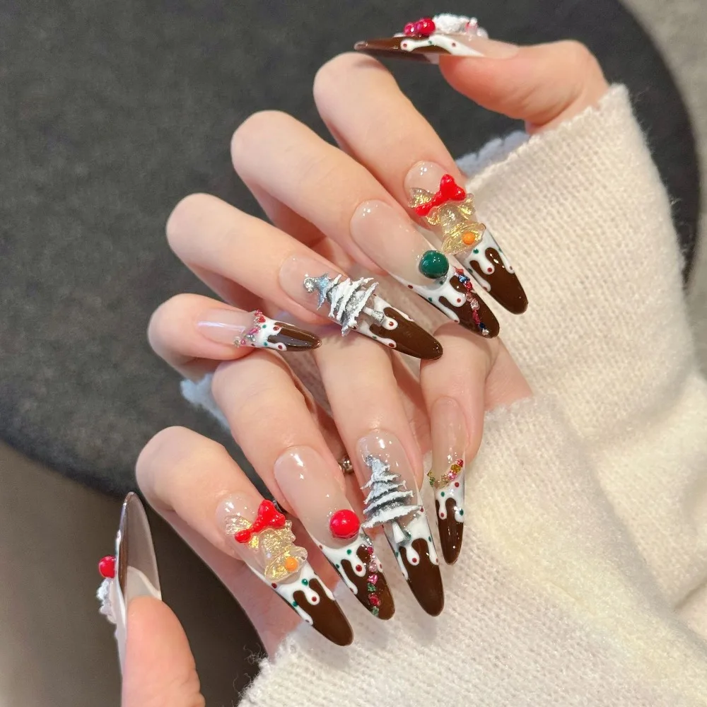10 Pieces Christmas Atmosphere Snowman Chocolate Cake Handmade Press On Nails Santa Bell Tree Fake Nails Removable and Reusable