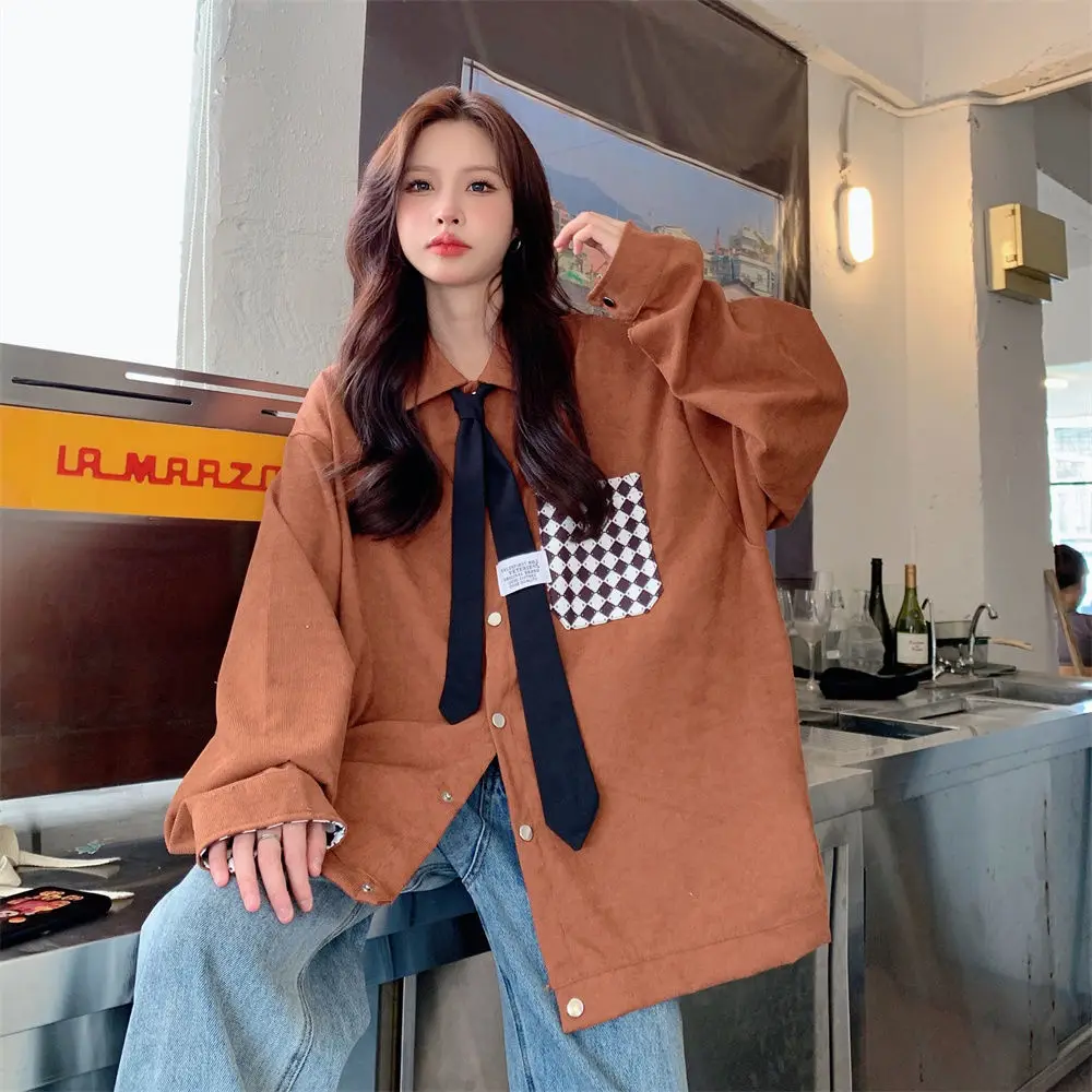 Tie Retro Contrasting Corduroy Shirt Jacket for Women\'s Spring and Autumn Loose Fit BF Lazy Style Long Sleeved Shirt Oversized