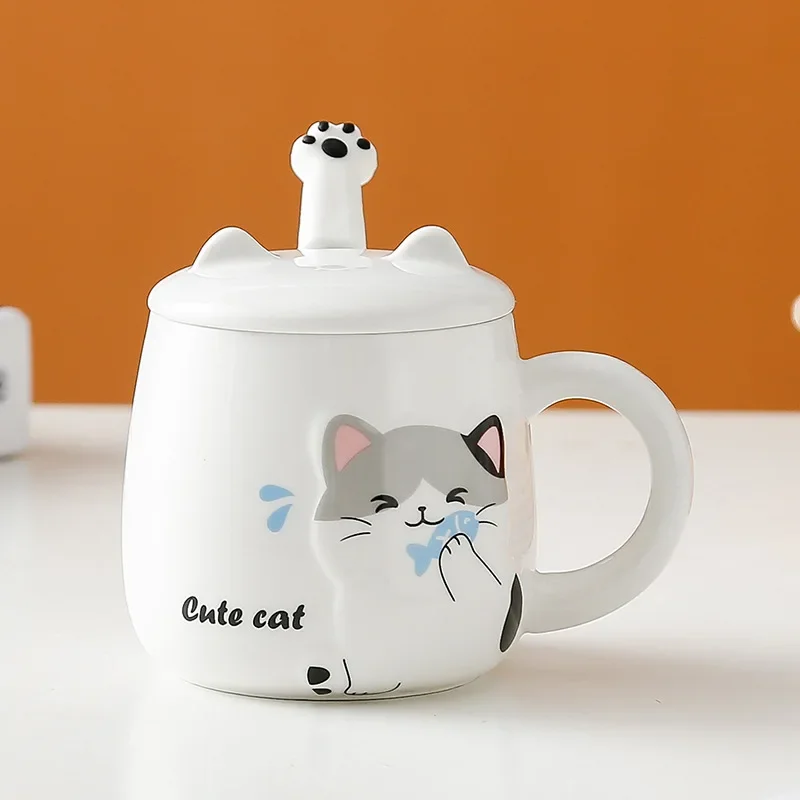 Cartoon Cat New Ceramic Mug With Lid And Spoon Office Water Cup Cute Ceramic Cup Student Cup Breakfast