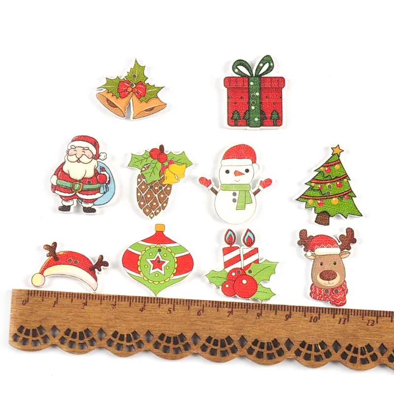 50pcs 2-3cm Mixed Christmas Printed Flatback Wooden Buttons For Sewing Accessories DIY Xmas Party Home Decor Handmade Materials