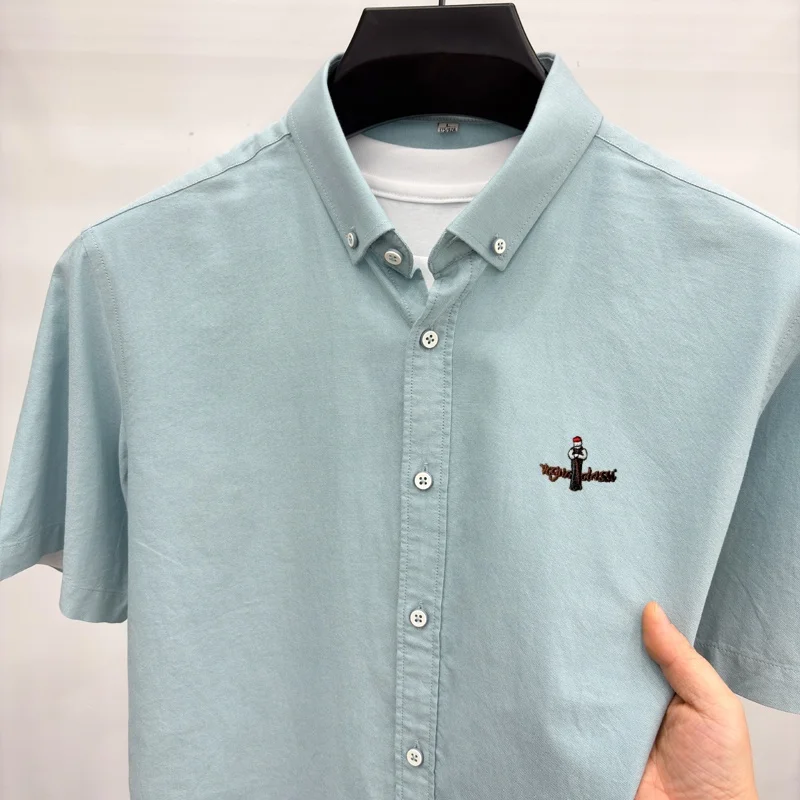 100% pure cotton luxury brand short sleeve shirt new fashion embroidery comfort breathable summer top business casual men's wear