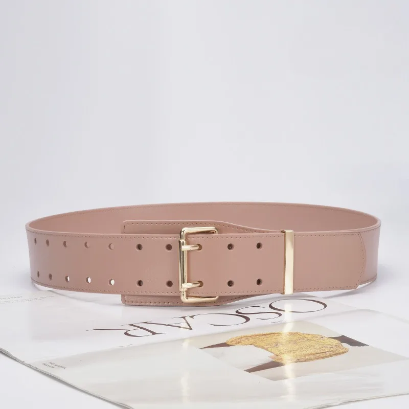 Ladies' leather wide waistband decorative dress with fashionable outer waistband and double needle buckle waistband