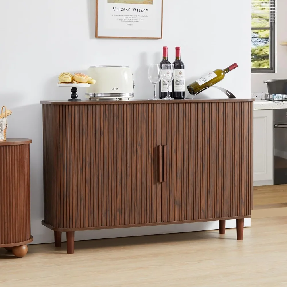 Modern Sliding Door Buffet Cabinet with Fluted Design for Kitchen and Coffee Bar Storage