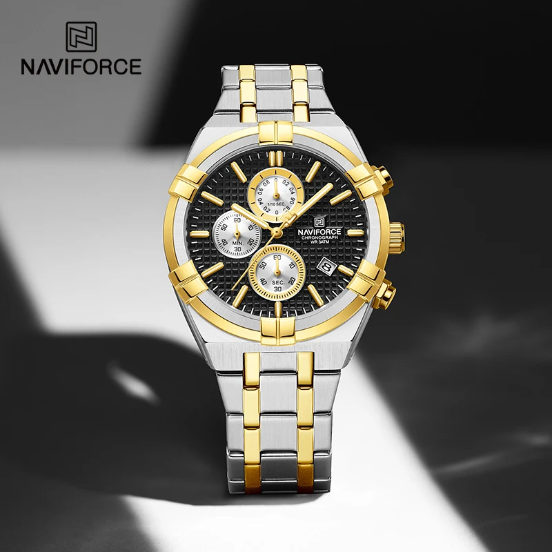 NAVIFORCE Men\'s Luxury Wristwatches Stainless Steel Strap Waterproof Quartz Calendar Man Clock Business Male Chronograph Watches