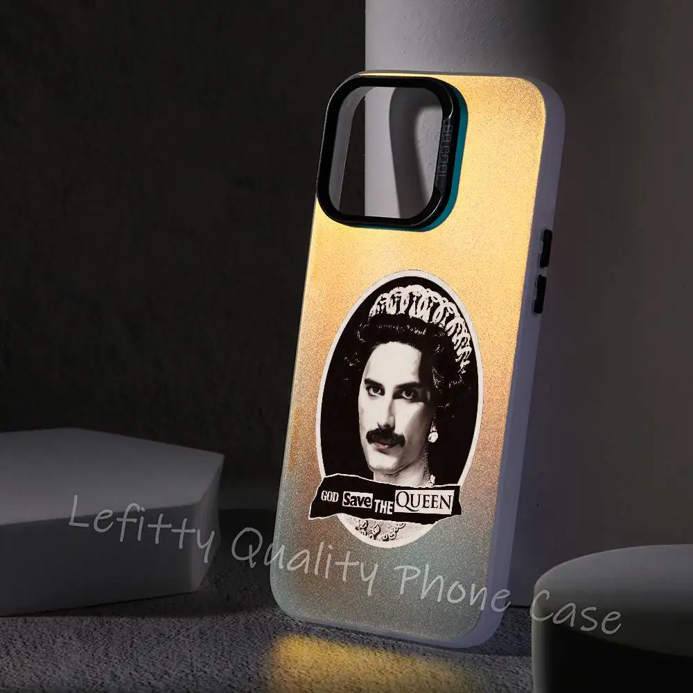 حافظة هاتف Q-Queen Band Rock لهاتف آيفون 16 15 14 13 12 11 Pro Max غير لامع أورورا متعدد الألوان ليزر معدني متدرج Funda #6