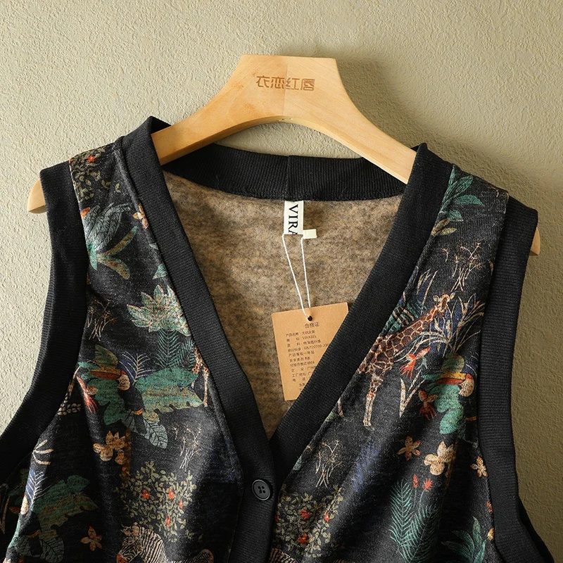 Colete Svel com estampa floral retrô, tamanho grande, feminino, outono, roupa externa, decote em V profundo, abotoado, forrado com Fce, cardigã quente