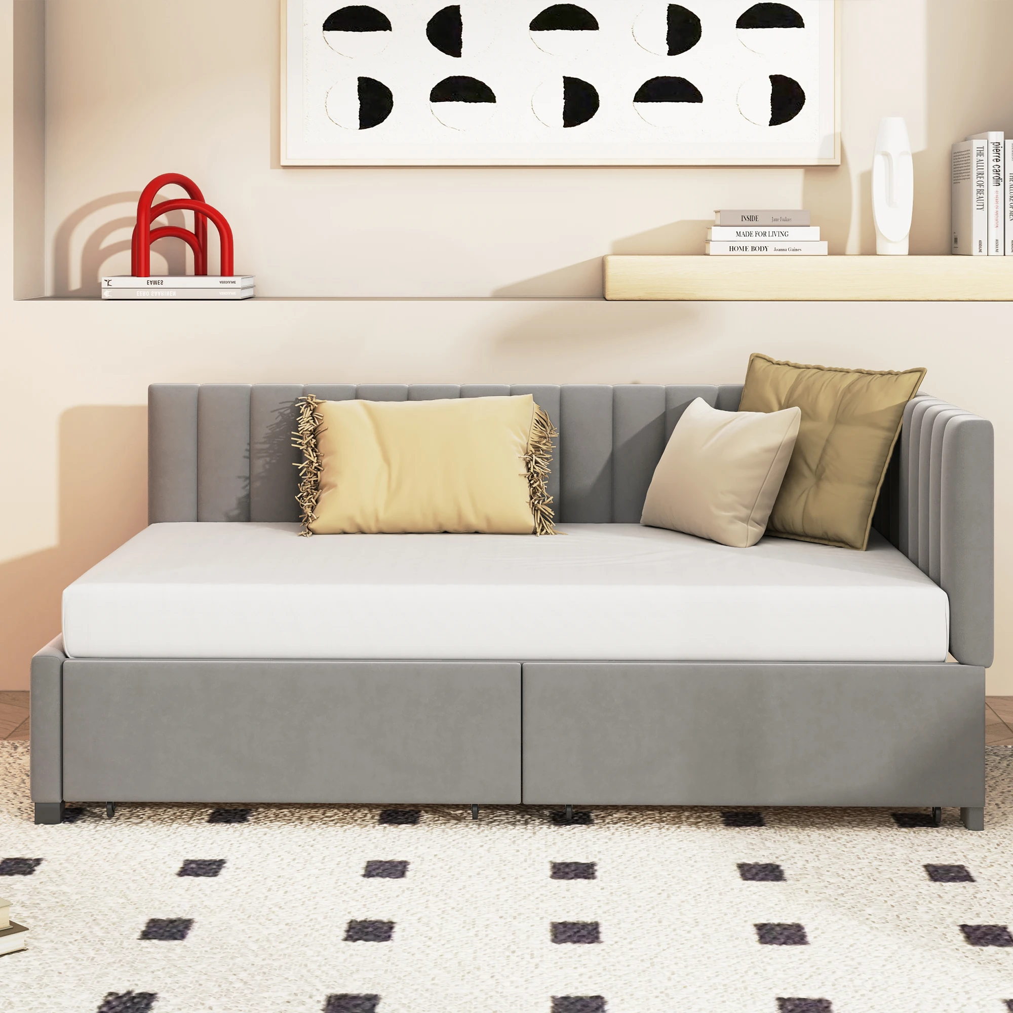 KOMHTOM Polsterbett Schlafsofa Multifunktionales Bett 90x200 cm aus hautfreundlichem Samtstoff mit 2 großen Stauraumschubladen