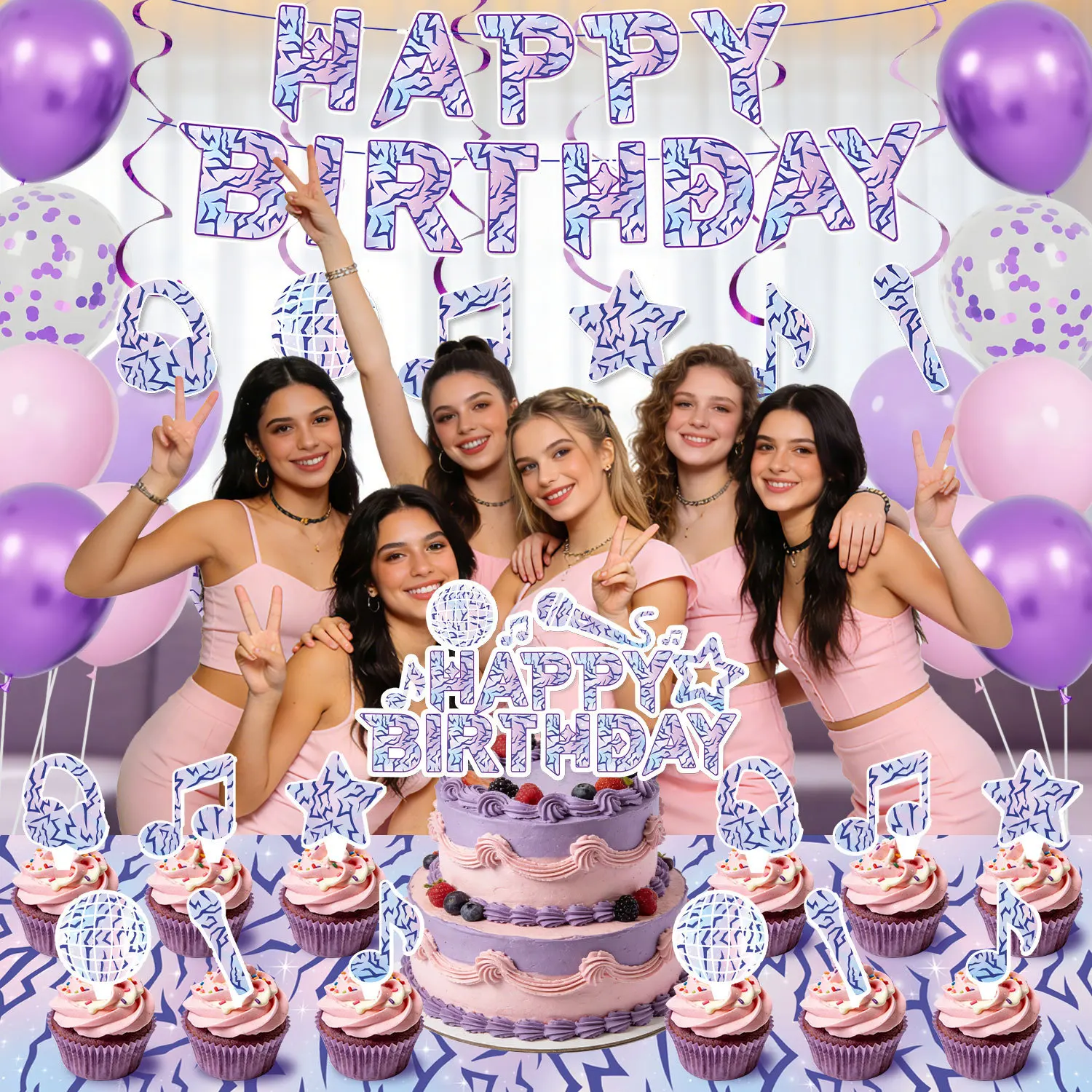 

Purple Pink Music Band Themed Happy Birthday Party Decorations Set – Balloon Banner Cake Topper Kit for Girls Woman Birthday