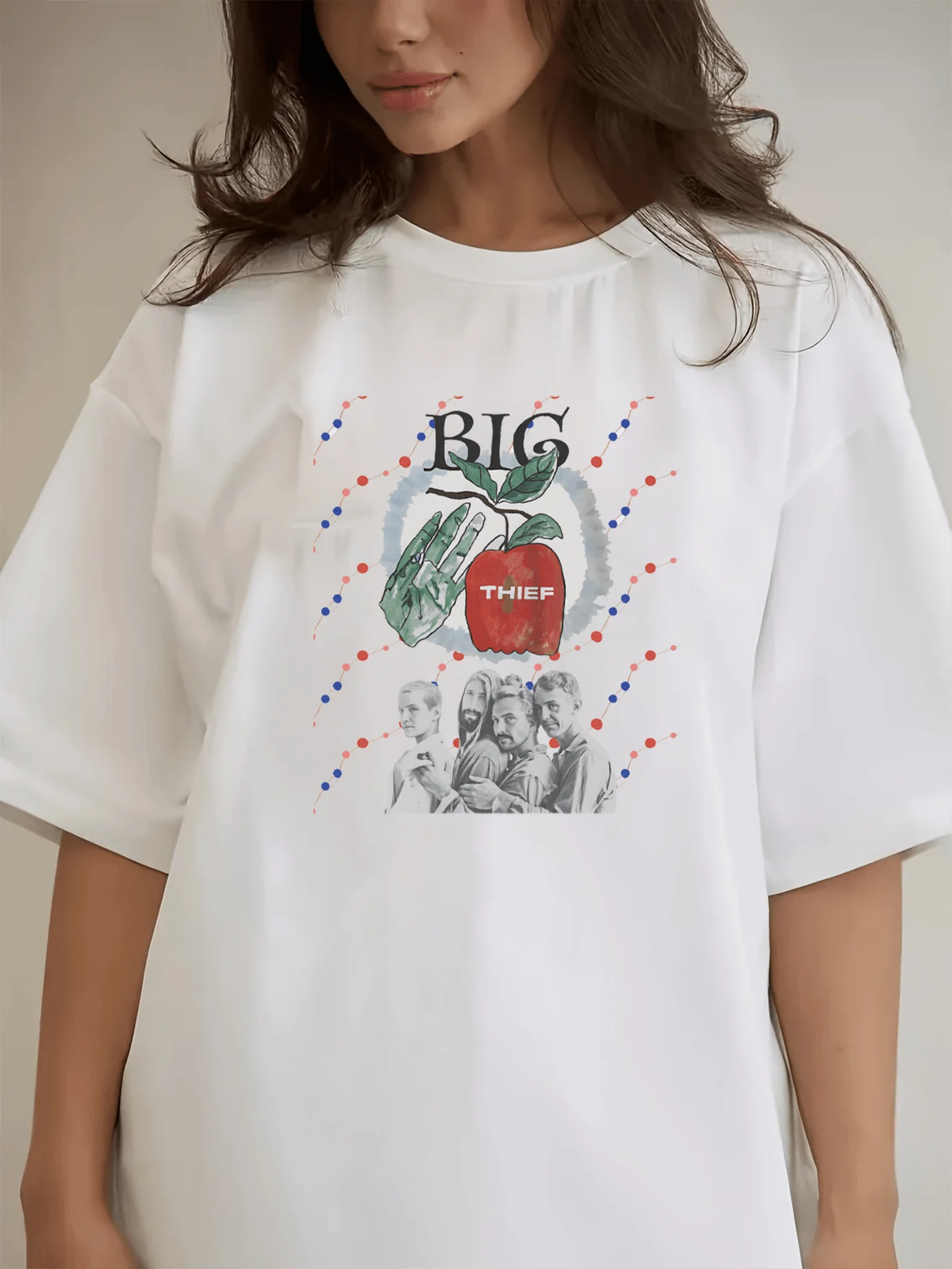 Women's fashion T-shirt featuring hand-drawn apple and palm motifs inspired by the band's album *Two Hands*.