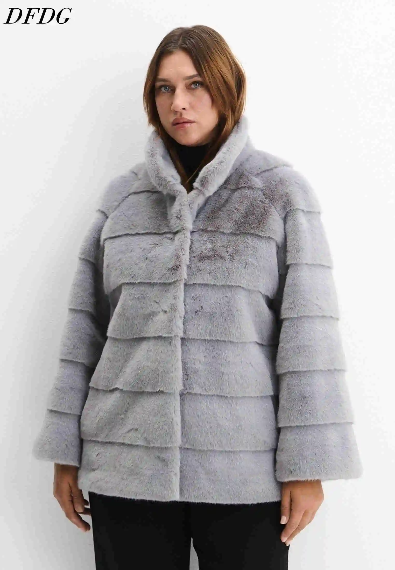 DFDG Women Faux Fur Mid Coat Stand Collar Horizontal Spliced Panel Thick Soft Plush Winter Fashion Outer Garment Casual Wear Fur