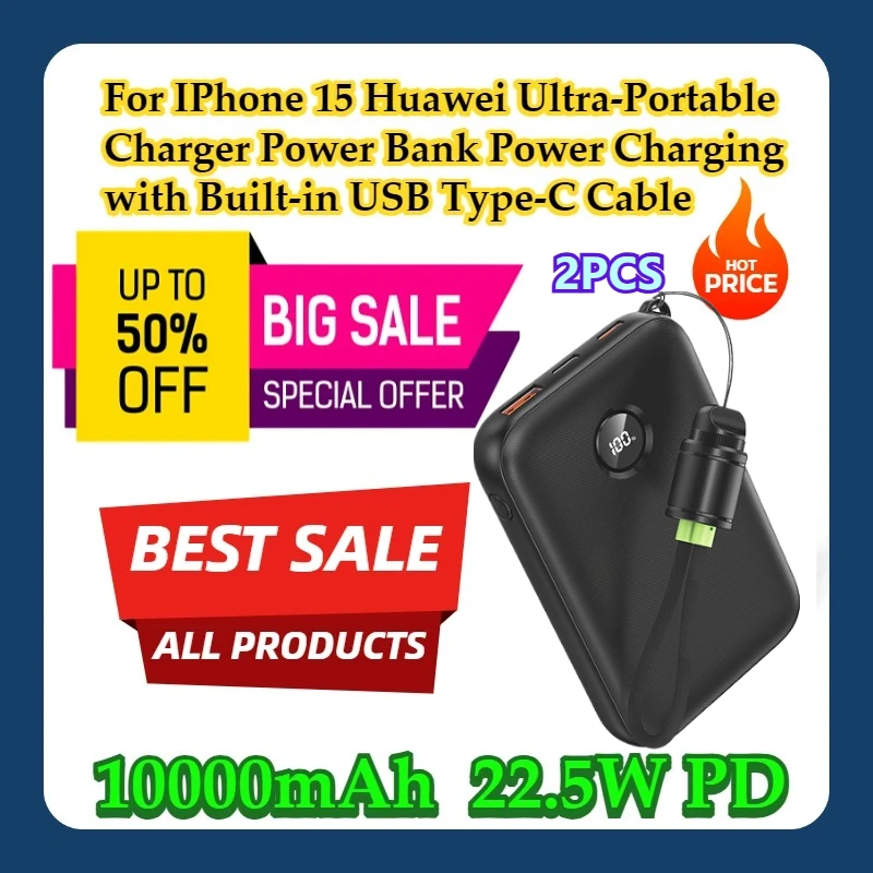

2PCS For IPhone 15 Huawei Ultra-Portable Charger Power Bank 10000mAh 22.5W PD Power Charging with Built-in USB Type-C Cable