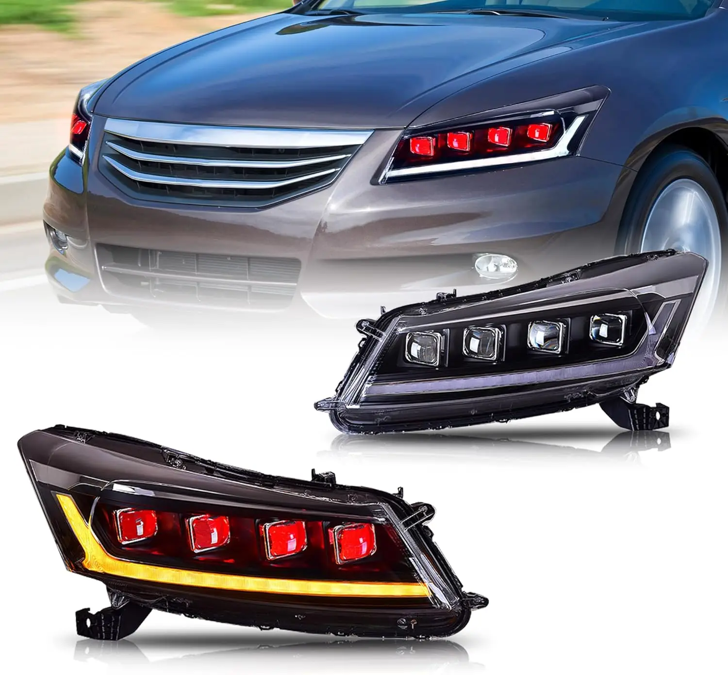 Headlights Compatible with Accord Sedan 8th Gen 2008-2012, Blue Start-up Animation with Amber Switchback Turn Signal, Driver & P