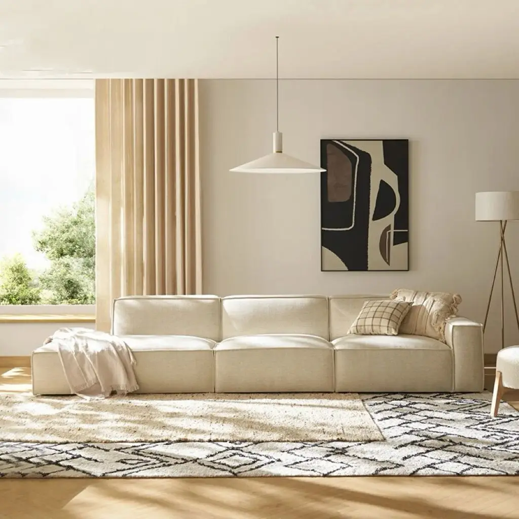 Sofá italiano minimalista de color crema, estilo bloco de tofu, de tela de algodón y lino, de asientos rectos, para sala de estar, B&B, de chenilla y forro polar tipo pelo de gato.