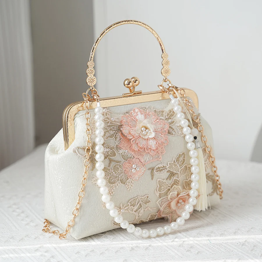 Pearl Embroidered Fashion Handbag Cheongsam Banquet Pearl Chain Shell Clip Bag Pearl Beaded Shoulder Crossbody Bag Hanfu Clutch