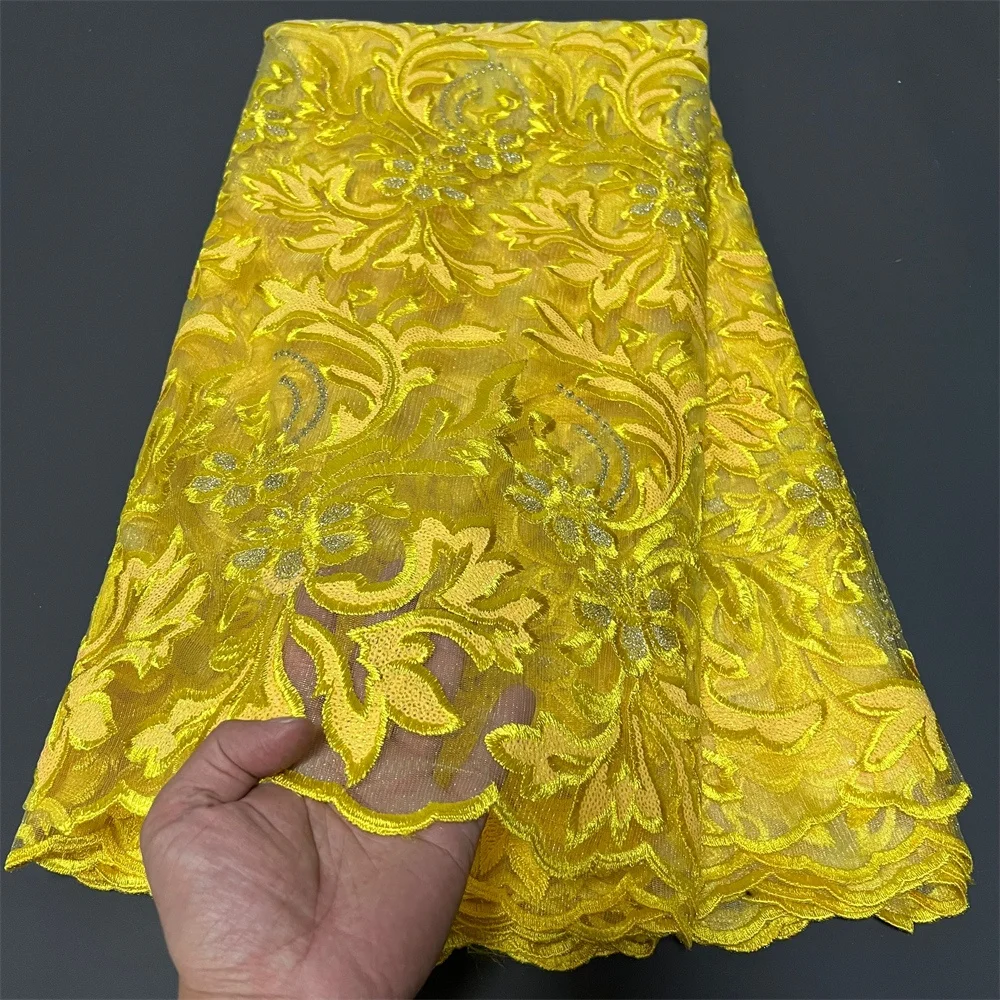 2023High Quality African Nigerian Latest Tulle Lace Fabric With Embroidery Sewing Guipure Organza Prom Dresses Sequins5Yards