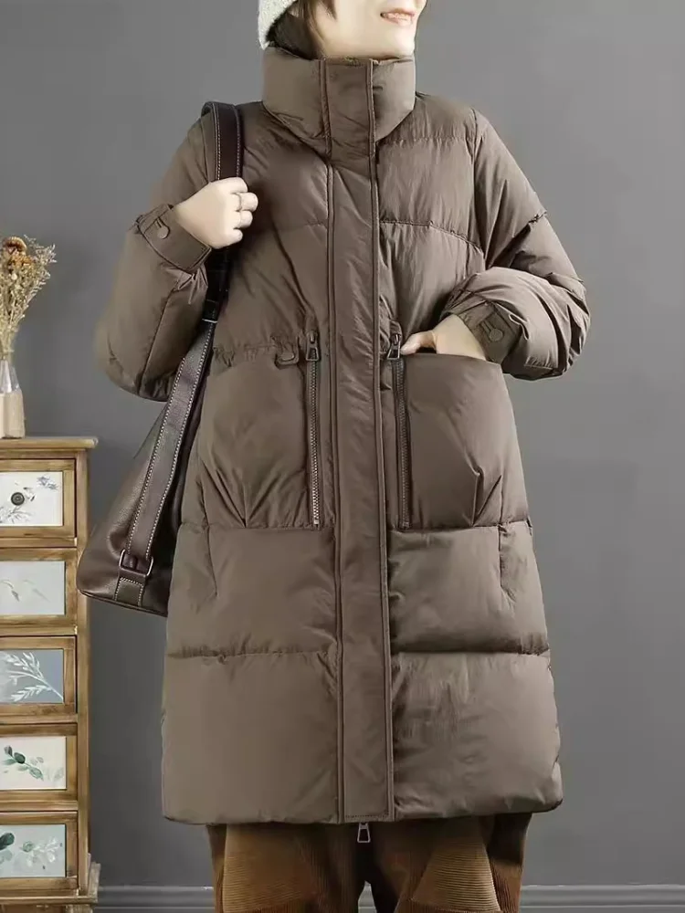 Winter Coat Female 2024 New White Duck Down Warm Long Down Coats Fashion Loose Leisure Thickened Stand-up Collar Puffer Jacket