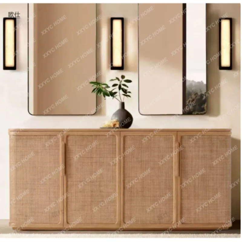 

XX solid wood rattan dining side cabinet, retro living room bedroom oak storage TV storage rattan cabinet