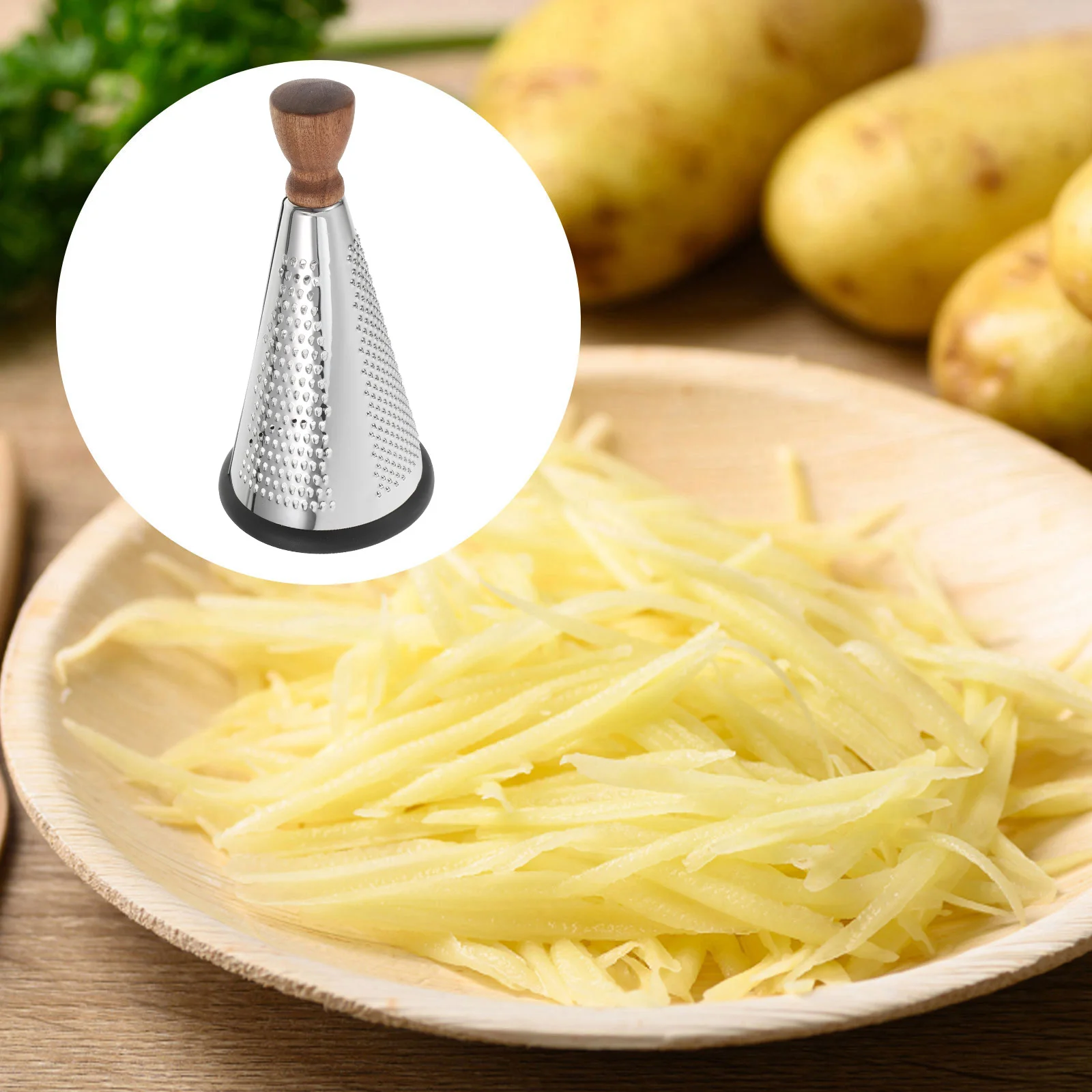 

Engrave Vegetable Grater with Wooden Handle Kitchen Metal Cheese Manual Cone-shaped Household Grating Tool Silver