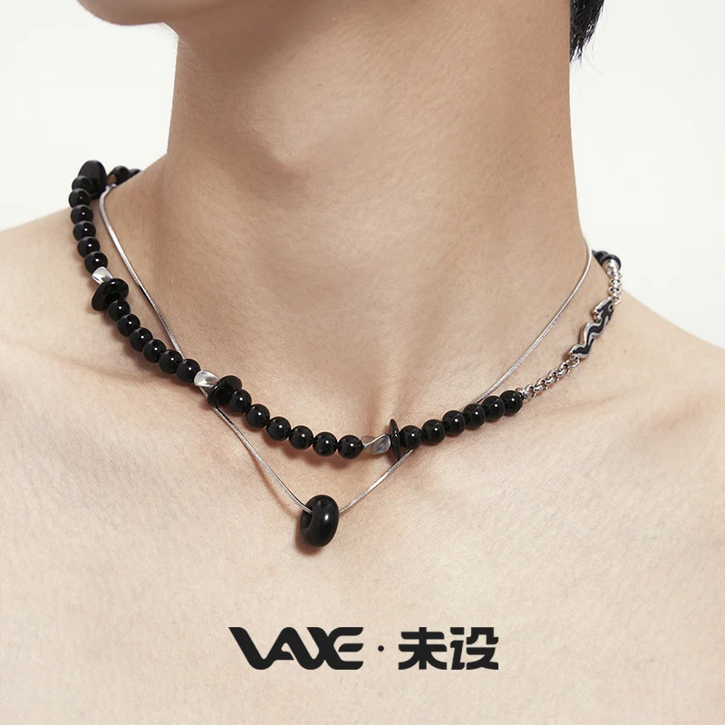 

Black Natural Gemstone Necklace Black Agate Titanium Steel Necklace for Women Men Collarbone Chains Choker Amulet Jewelry Gift