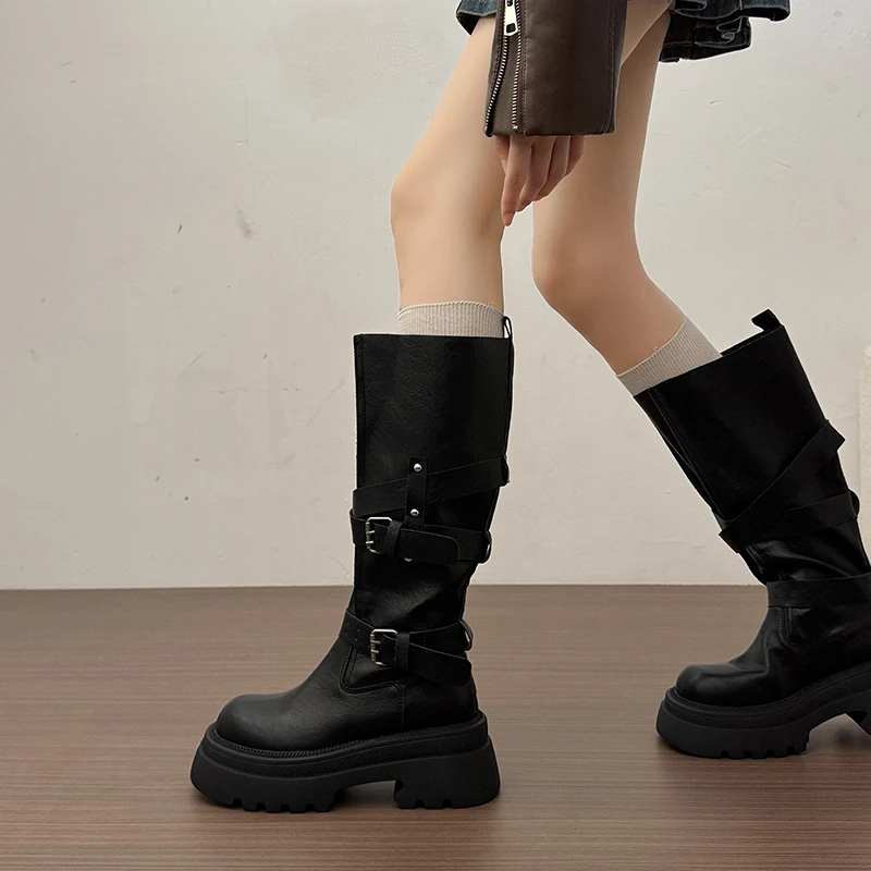 Y2K Platform Woman Knee High Boots Round Toe Multi Metal Buckle Strap Shoes Female Leather Knight Long Booties Autumn Winter