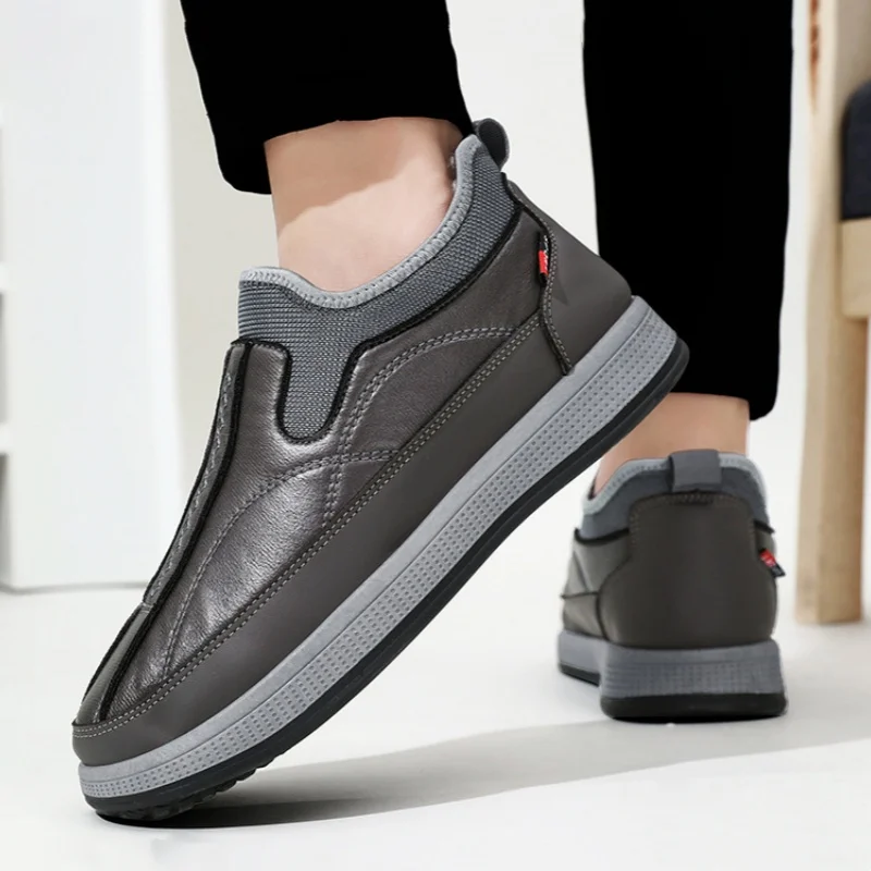 Winter Keep Warm Men Cotton Shoes PU Leather Outdoor Men Casual Shoes Thick Plush Comfort Walking Shoes Platform Slip-on Loafers